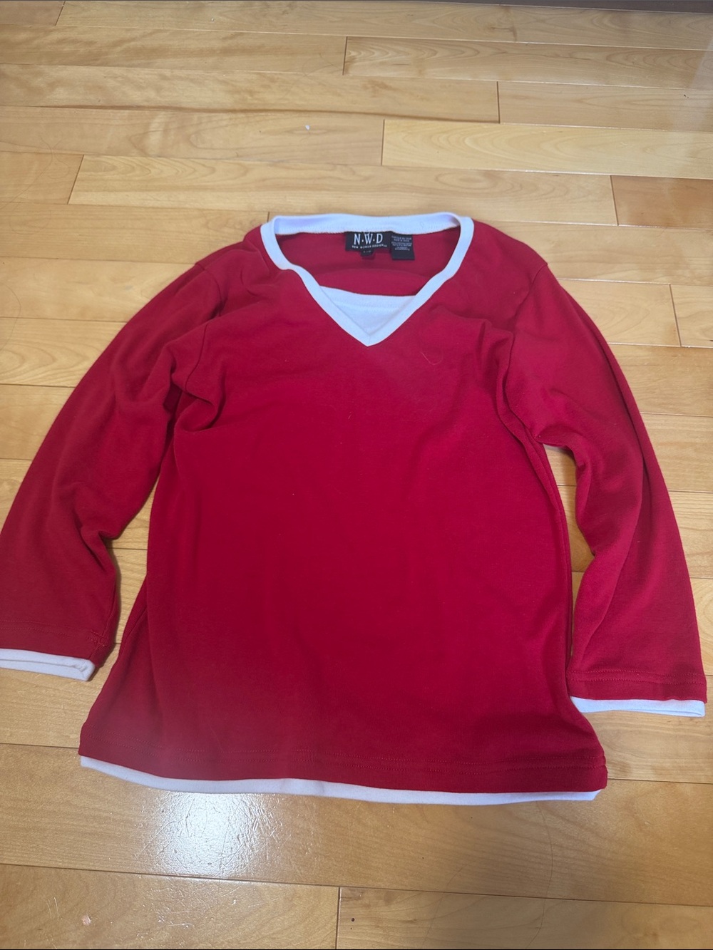 N.W.D. Red V-Neck Long Sleeve Top with White Trim